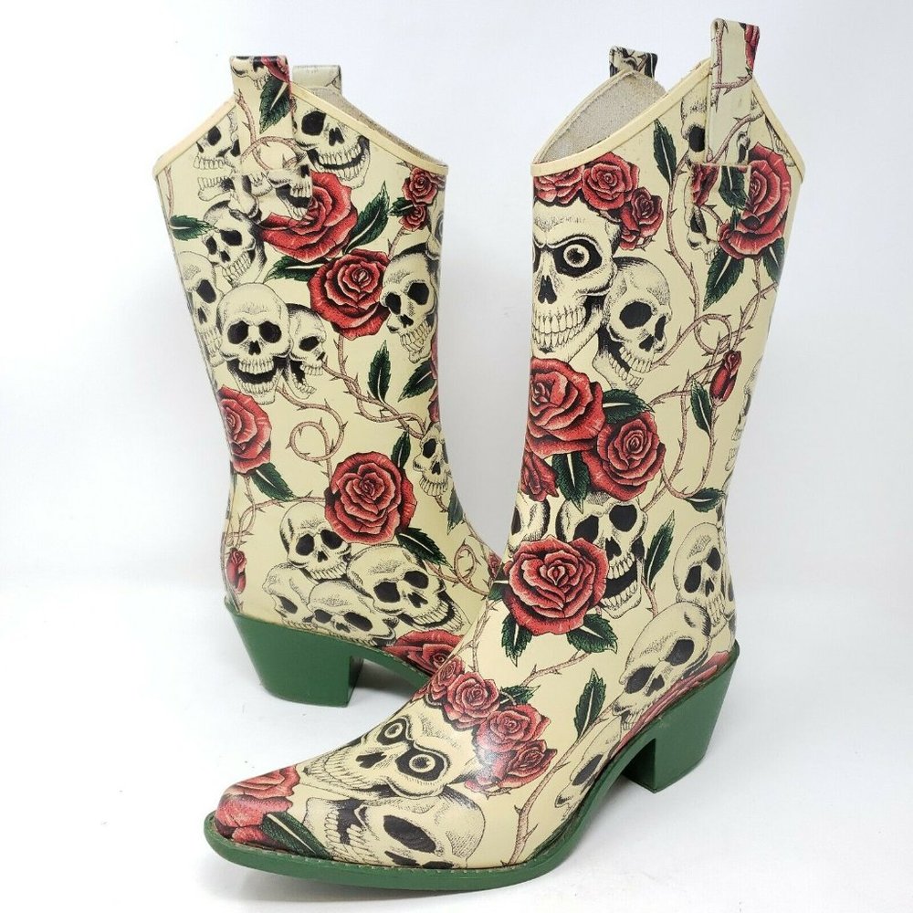Women's Rubber Cowboy Rain Boots Sz 7 Skulls Roses Halloween Mid Calf Boot